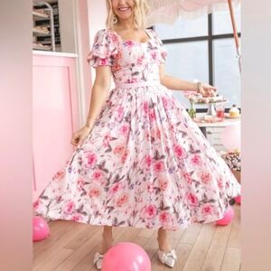 New Ivy City Co Pink Floral‎ Ballerina Garden Party Puff Sleeve Midi Dress Large